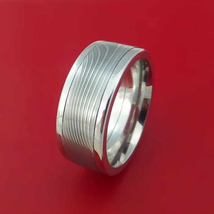 Cobalt Chrome Ring with Flat Twist Damascus Steel Inlay Custom Made Band Lashbrook Rings Cobalt Chrome Ring with Flat Twist Damascus Steel Inlay Custom Made Band Lashbrook Rings