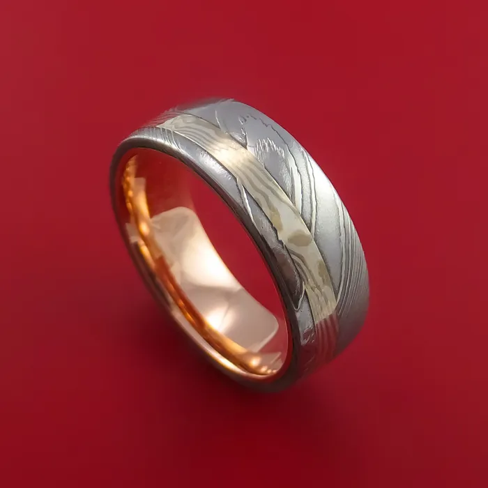 Damascus Steel and Mokume Ring with Rose Gold Sleeve Wedding Band Custom Made Lashbrook Rings
