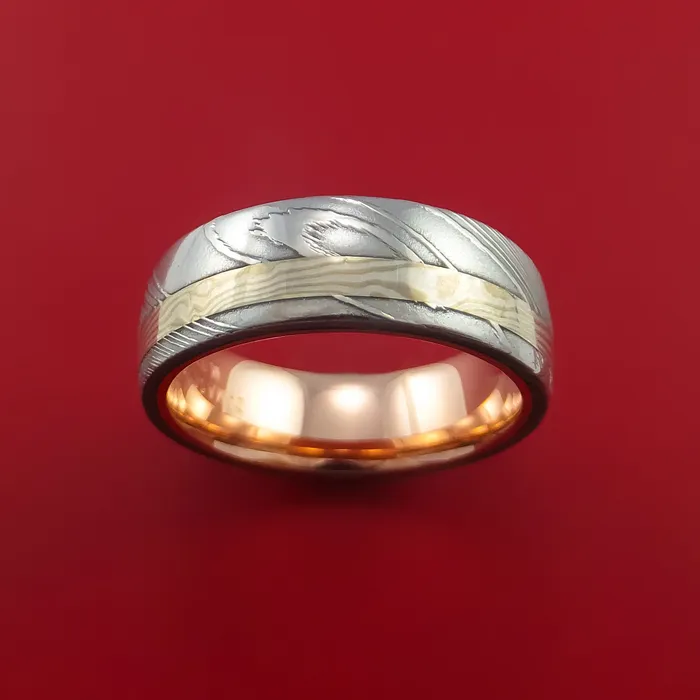 Damascus Steel and Mokume Ring with Rose Gold Sleeve Wedding Band Custom Made Lashbrook Rings