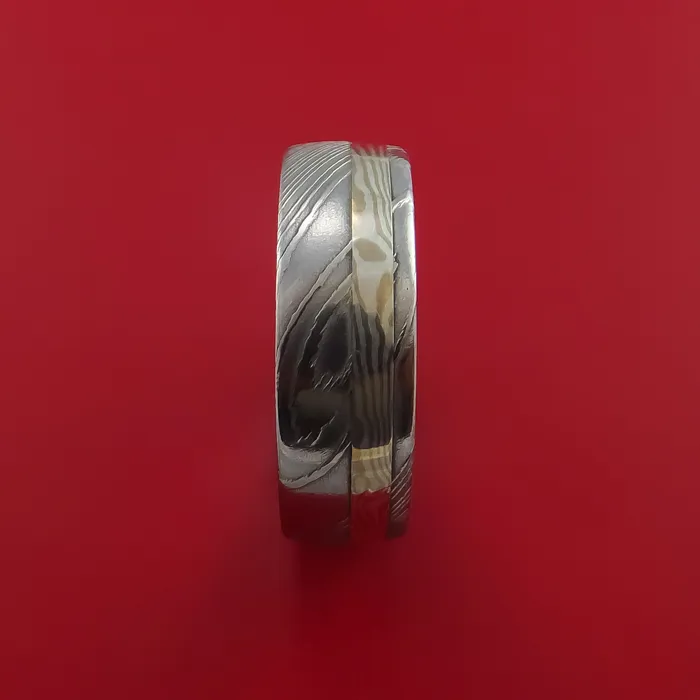 Damascus Steel and Mokume Ring with Rose Gold Sleeve Wedding Band Custom Made Lashbrook Rings