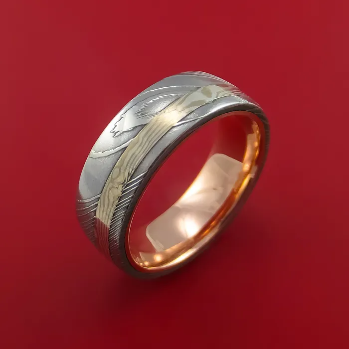 Damascus Steel and Mokume Ring with Rose Gold Sleeve Wedding Band Custom Made Lashbrook Rings
