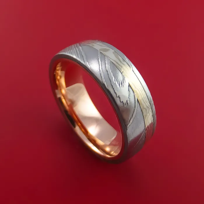 Damascus Steel and Mokume Ring with Rose Gold Sleeve Wedding Band Custom Made Lashbrook Rings