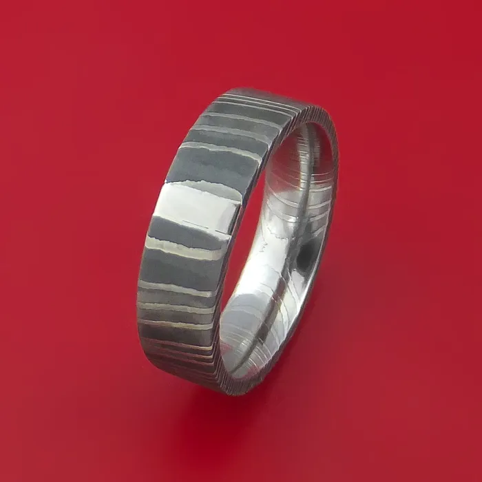 Damascus Steel and Platinum Ring Custom Made Band Lashbrook Rings