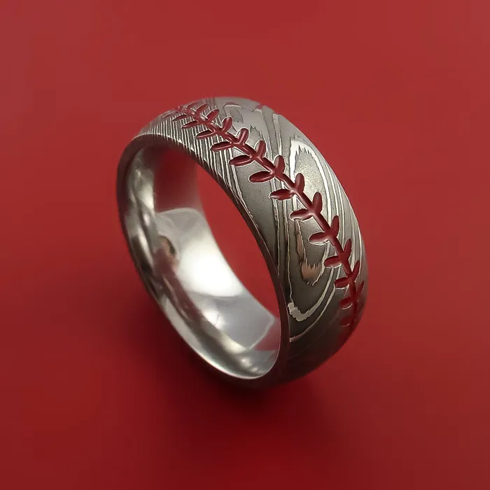 Damascus Steel Ring with Baseball Stitching and Cerakote Inlays Custom Made Band Lashbrook Rings