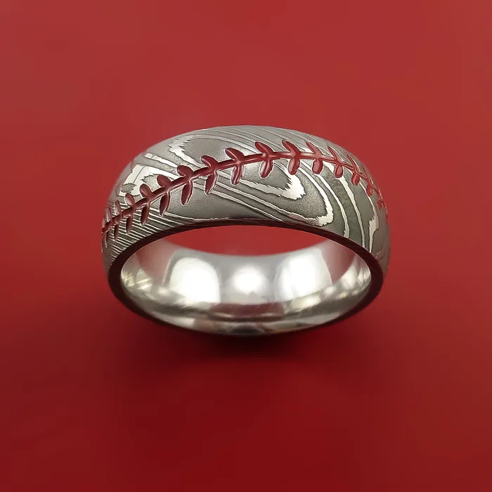 Damascus Steel Ring with Baseball Stitching and Cerakote Inlays Custom Made Band Lashbrook Rings