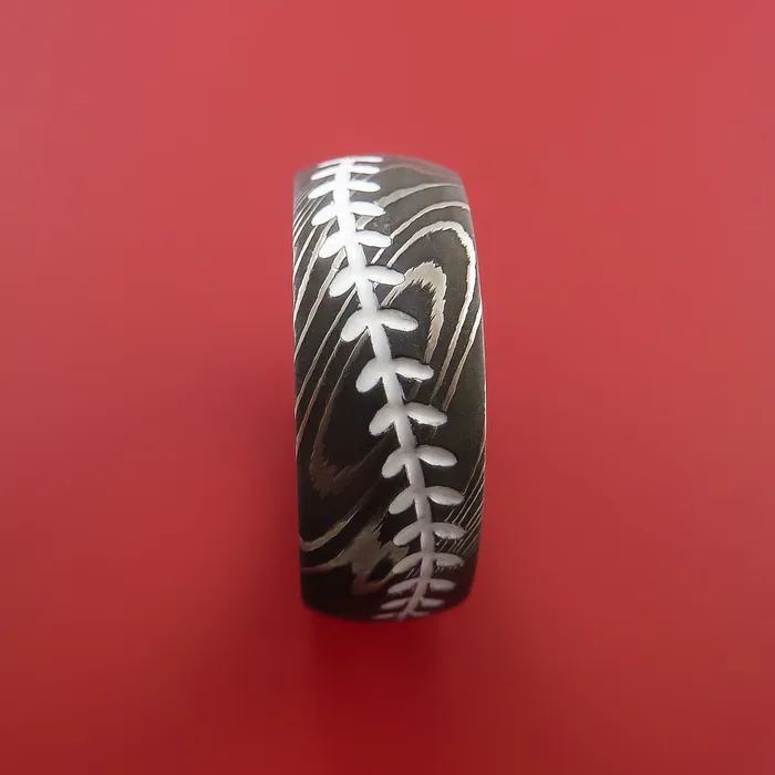 Damascus Steel Ring with Baseball Stitching and Cerakote Inlays Custom Made Band Lashbrook Rings