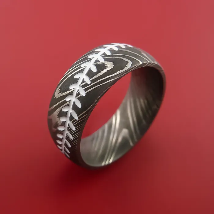 Damascus Steel Ring with Baseball Stitching and Cerakote Inlays Custom Made Band Lashbrook Rings
