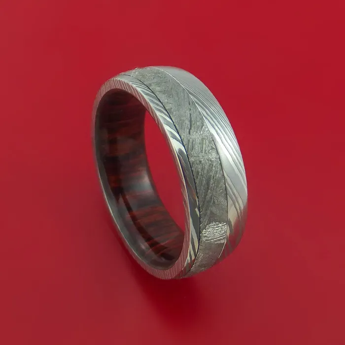 Damascus Steel Ring with Gibeon Meteorite Inlay and Interior Hardwood Sleeve Custom Made Band Lashbrook Rings
