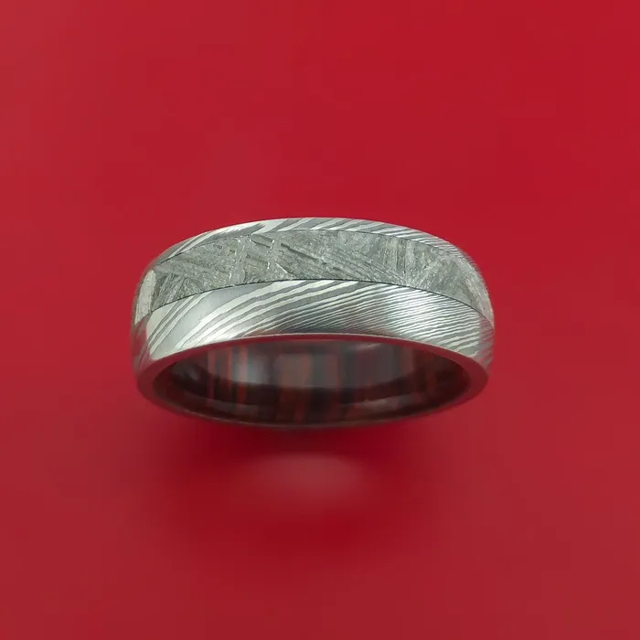 Damascus Steel Ring with Gibeon Meteorite Inlay and Interior Hardwood Sleeve Custom Made Band Lashbrook Rings Damascus Steel Ring with Gibeon Meteorite Inlay and Interior Hardwood Sleeve Custom Made Band Lashbrook Rings