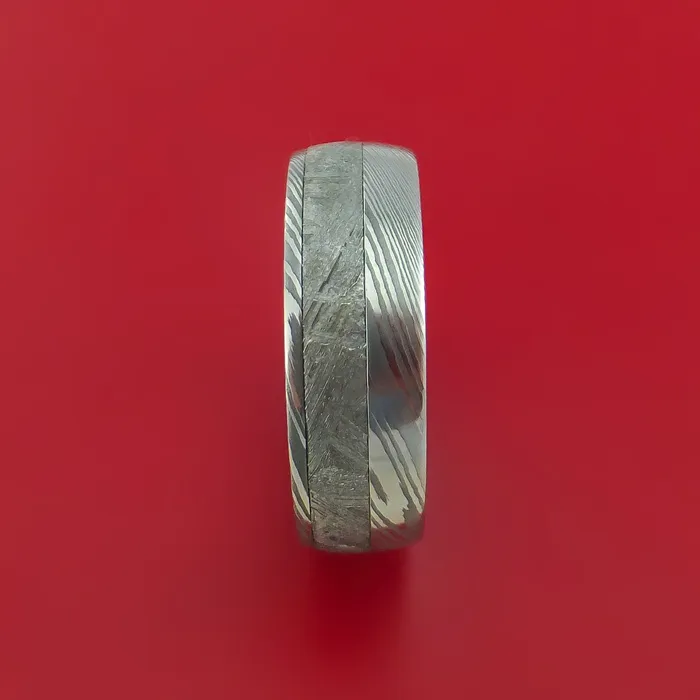 Damascus Steel Ring with Gibeon Meteorite Inlay and Interior Hardwood Sleeve Custom Made Band Lashbrook Rings Damascus Steel Ring with Gibeon Meteorite Inlay and Interior Hardwood Sleeve Custom Made Band Lashbrook Rings