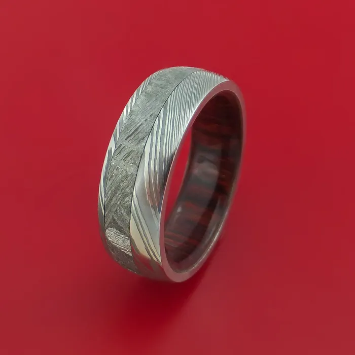 Damascus Steel Ring with Gibeon Meteorite Inlay and Interior Hardwood Sleeve Custom Made Band Lashbrook Rings Damascus Steel Ring with Gibeon Meteorite Inlay and Interior Hardwood Sleeve Custom Made Band Lashbrook Rings