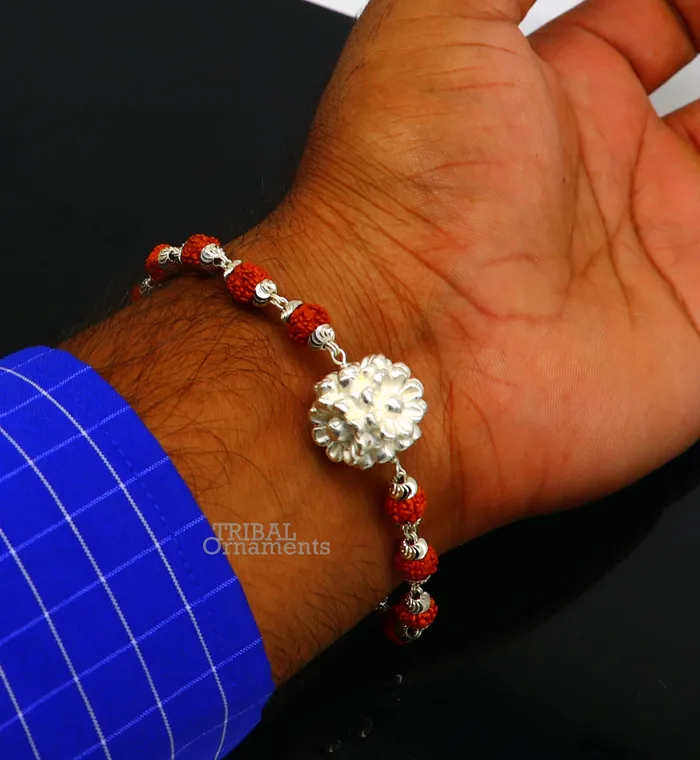 Divine 925 sterling silver handmade flower style Rakhi bracelet amazing Rudraksha bracelet use as daily use jewelry rk223 TRIBAL ORNAMENTS Bracelets