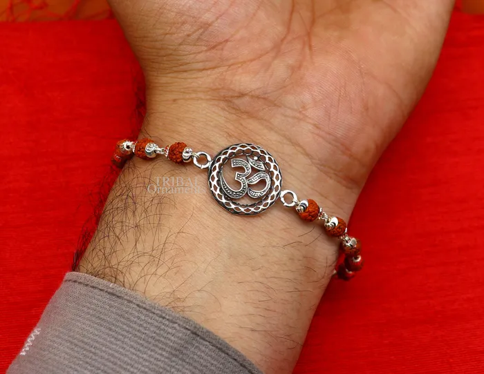 Divine Aum or OM rakhi 925 Sterling silver Rakhi bracelet Rrudrakha and silver beads best gift for your brothers for special gifting rk201 TRIBAL ORNAMENTS Bracelets