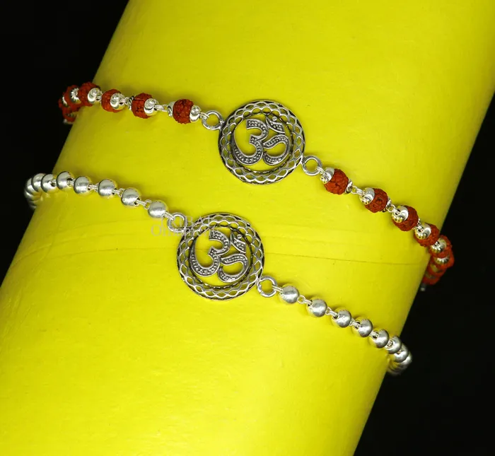 Divine Aum or OM rakhi 925 Sterling silver Rakhi bracelet Rrudrakha and silver beads best gift for your brothers for special gifting rk201 TRIBAL ORNAMENTS Bracelets