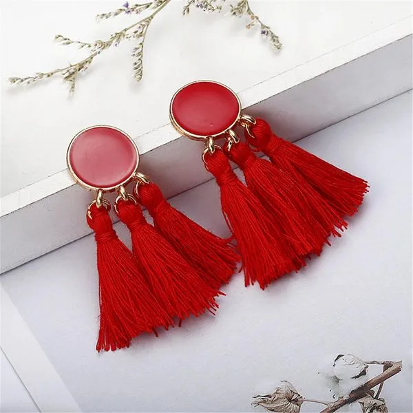 E1344 Red Baked Enamel Circle Triple Tassel Earrings 02 Earrings