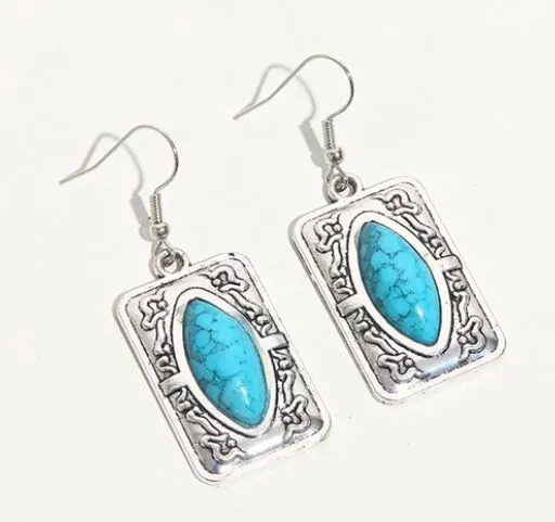 E1751 Silver Decorated Rectangle Blue Crackle Gem Earrings polly Earrings