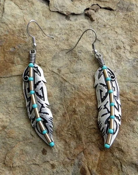 E1817 Silver Turquoise Decorated Leaf Earrings polly Earrings