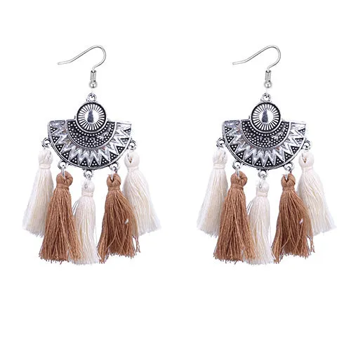 E434 Silver Beige Brown Tassel Earrings 02 Earrings