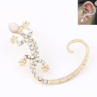 E504 Gold with Diamonds Moonstone Gecko SINGLE Earring 02 Earrings