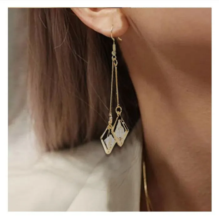 Earrings 01 E1116 Gold Dangle Crystal Gem Diamond Shape Earrings