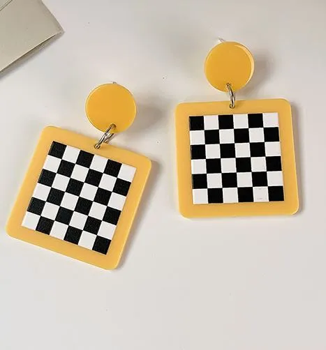 Earrings 01 E1647 Yellow Black White Checkerboard Acrylic Earrings