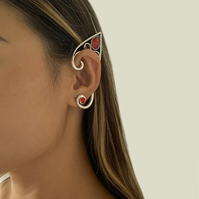 Earrings 01 E1741 Silver Red Gemstone SINGLE LEFT EAR Earring Cuff
