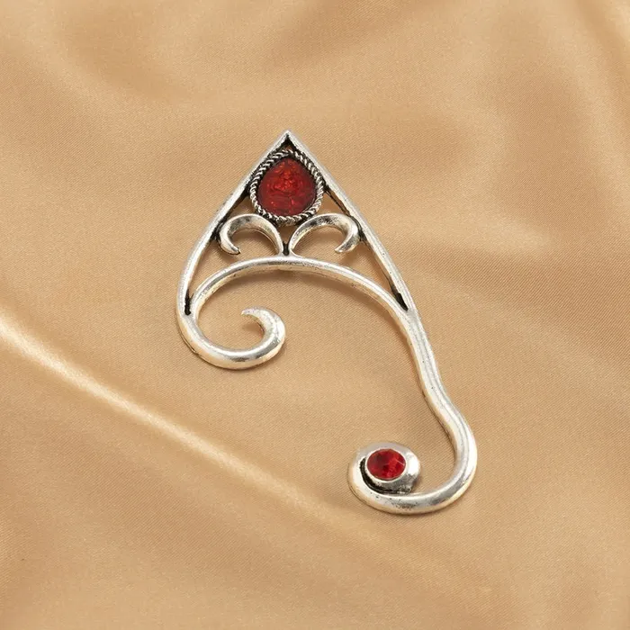 Earrings 01 E1741 Silver Red Gemstone SINGLE LEFT EAR Earring Cuff