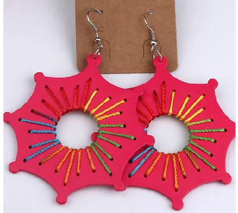 Earrings 02 E940 Large Hot Pink Multi Color Thread Geometric Earrings