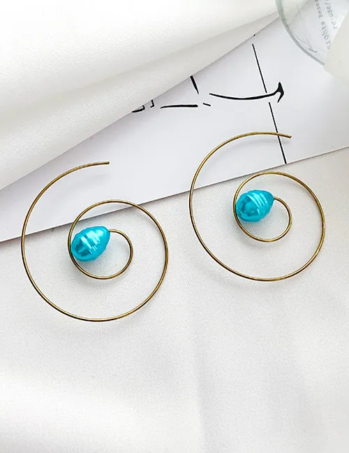 Earrings E1273 Gold Blue Bead Spiral Earrings 02