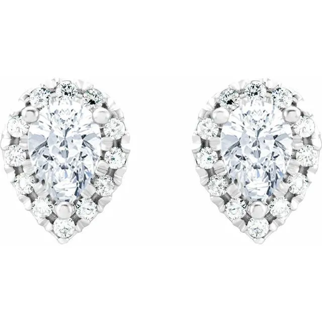 Earrings Fire Brilliance Pear Center with Diamond Accented Halo 4 Prong Earrings