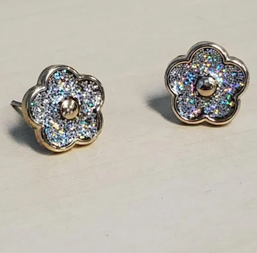 Earrings POLLY E685 Gold Iridescent Glitter Flower Stud Earrings