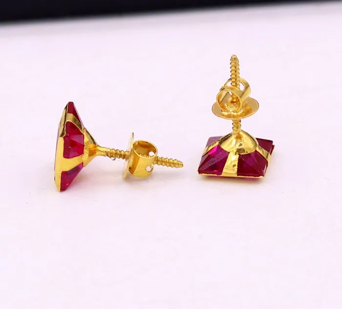 Earrings TRIBAL ORNAMENTS 18kt yellow gold handmade fabulous ruby color stone stud earring unisex gifting jewelry