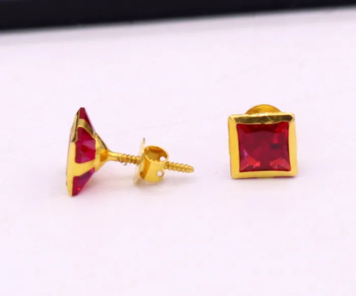 Earrings TRIBAL ORNAMENTS 18kt yellow gold handmade fabulous ruby color stone stud earring unisex gifting jewelry
