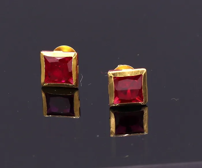 Earrings TRIBAL ORNAMENTS 18kt yellow gold handmade fabulous ruby color stone stud earring unisex gifting jewelry