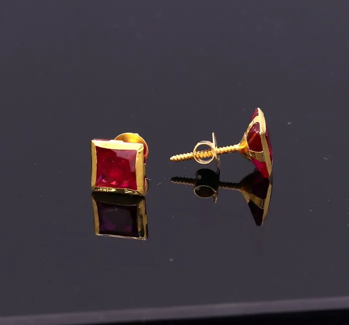 Earrings TRIBAL ORNAMENTS 18kt yellow gold handmade fabulous ruby color stone stud earring unisex gifting jewelry