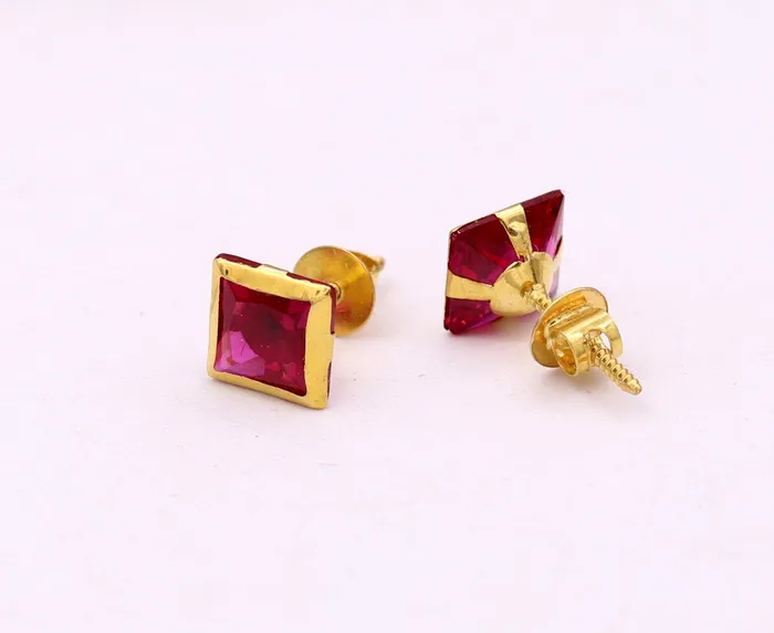 Earrings TRIBAL ORNAMENTS 18kt yellow gold handmade fabulous ruby color stone stud earring unisex gifting jewelry