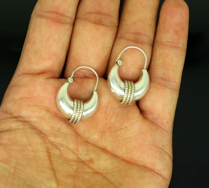 Earrings TRIBAL ORNAMENTS 925 sterling silver handmade vintage antique design amazing design hoops earring bali customized earring gift tribal ethnic jewelry ske13