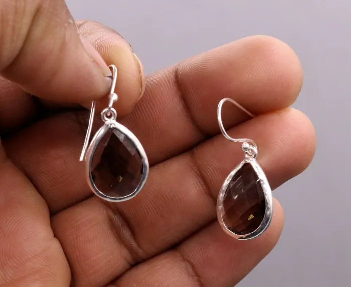 Earrings TRIBAL ORNAMENTS Super smoky quartz stone stud 925 silver hoops drop dangle earring jewelry s139