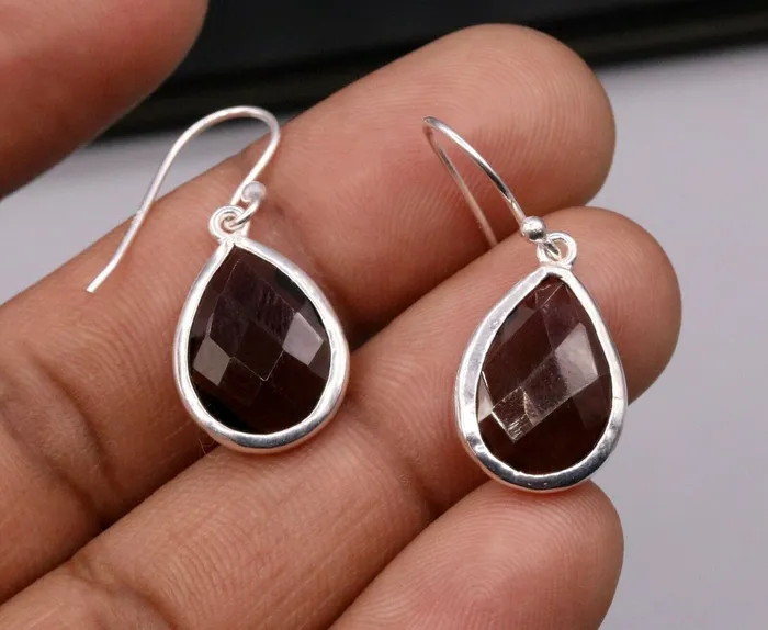 Earrings TRIBAL ORNAMENTS Super smoky quartz stone stud 925 silver hoops drop dangle earring jewelry s139