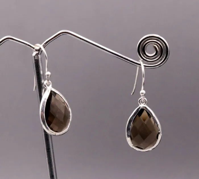 Earrings TRIBAL ORNAMENTS Super smoky quartz stone stud 925 silver hoops drop dangle earring jewelry s139