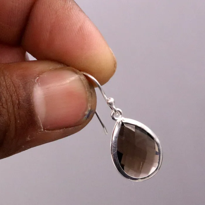 Earrings TRIBAL ORNAMENTS Super smoky quartz stone stud 925 silver hoops drop dangle earring jewelry s139