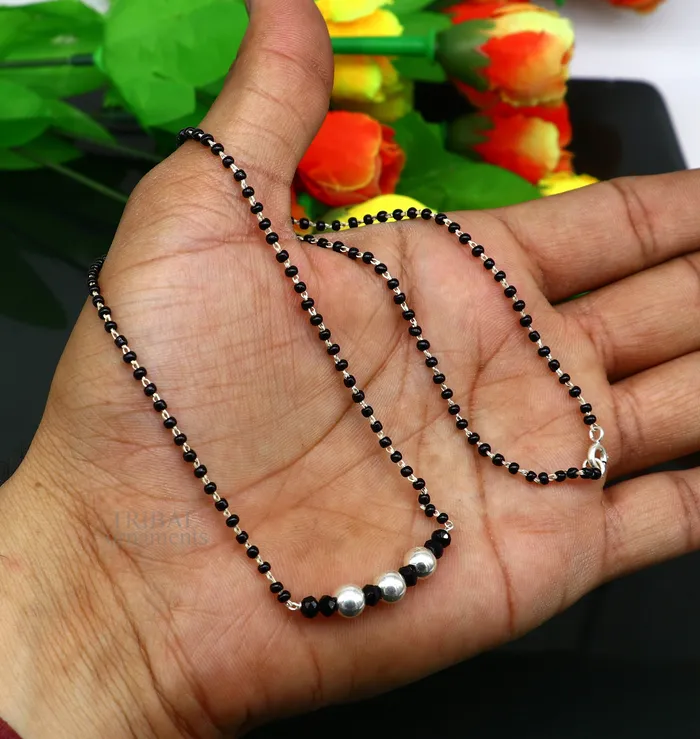 Elegant 925 sterling silver black beads chain necklace gorgeous small silver bead design pendant Mangalsutra chain beaded necklace set325 TRIBAL ORNAMENTS Necklaces