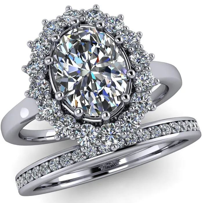 Enri Oval Center Stone Full Diamond Encrusted Halo Ring Fire Brilliance Rings