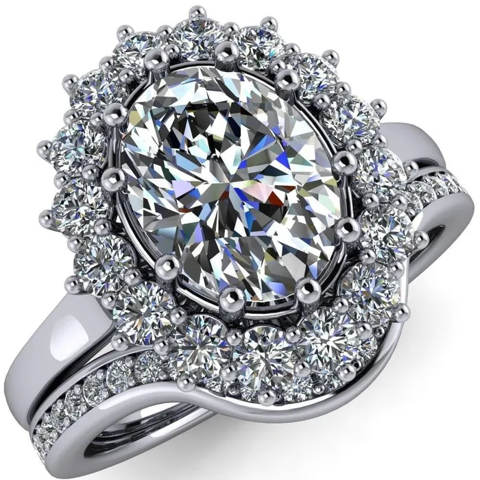 Enri Oval Center Stone Full Diamond Encrusted Halo Ring Fire Brilliance Rings