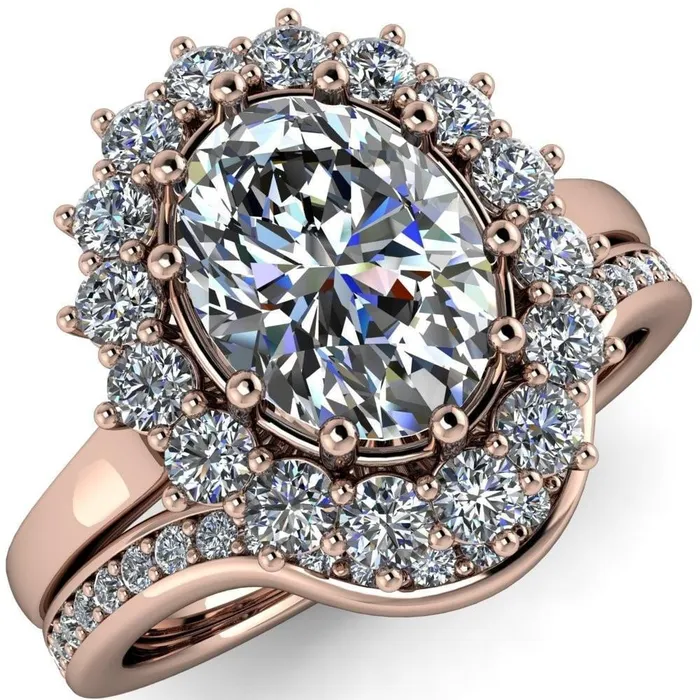 Enri Oval Center Stone Full Diamond Encrusted Halo Ring Fire Brilliance Rings