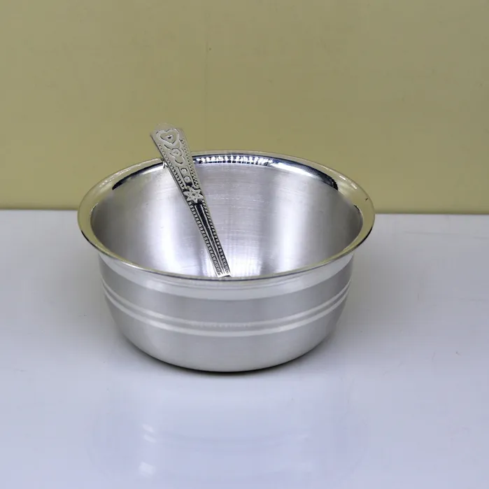 Exclusive 999 pure silver handmade solid bowl and spoon healthy serving bowl silver vessels food serving utensils set silver art sv83 TRIBAL ORNAMENTS Rings