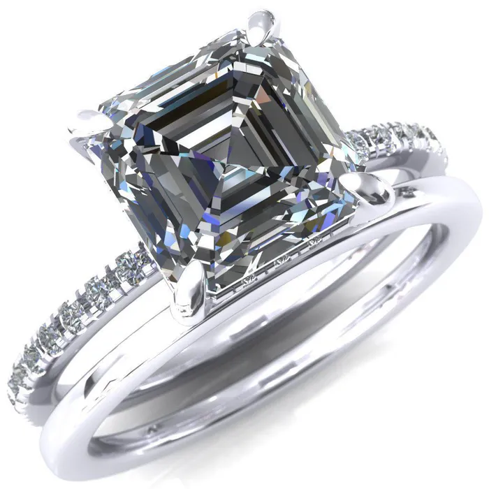 Ezili Asscher Moissanite 4 Claw Prong Micro Pave Diamond Sides Engagement Ring Fire Brilliance Rings