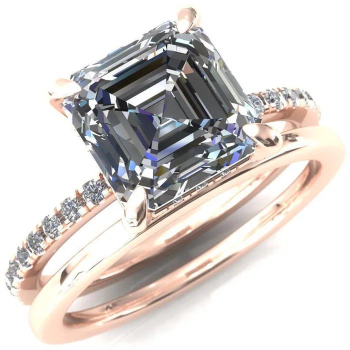 Ezili Asscher Moissanite 4 Claw Prong Micro Pave Diamond Sides Engagement Ring Fire Brilliance Rings