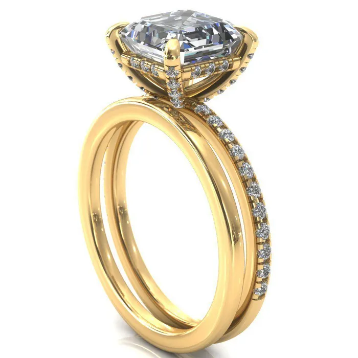 Ezili Asscher Moissanite 4 Claw Prong Micro Pave Diamond Sides Engagement Ring Fire Brilliance Rings