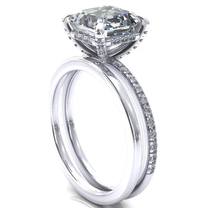 Ezili Asscher Moissanite 4 Claw Prong Micro Pave Diamond Sides Engagement Ring Fire Brilliance Rings